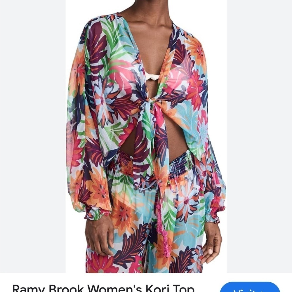 Ramy Brook Pink and Blue Floral sheer front tie shrug top Coverup size XL